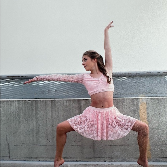 Child Large Pink Floral Lace Skirt & Single Sleeve Dance Costume - Picture 2 of 5